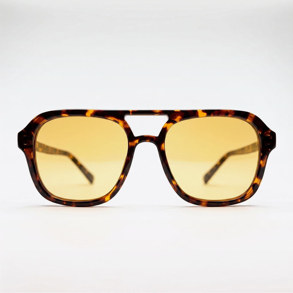 Aviator Nordic Ember — Frontalansicht: Tortoise-Rahmen mit Doppelsteg und warm-gelben Gläsern