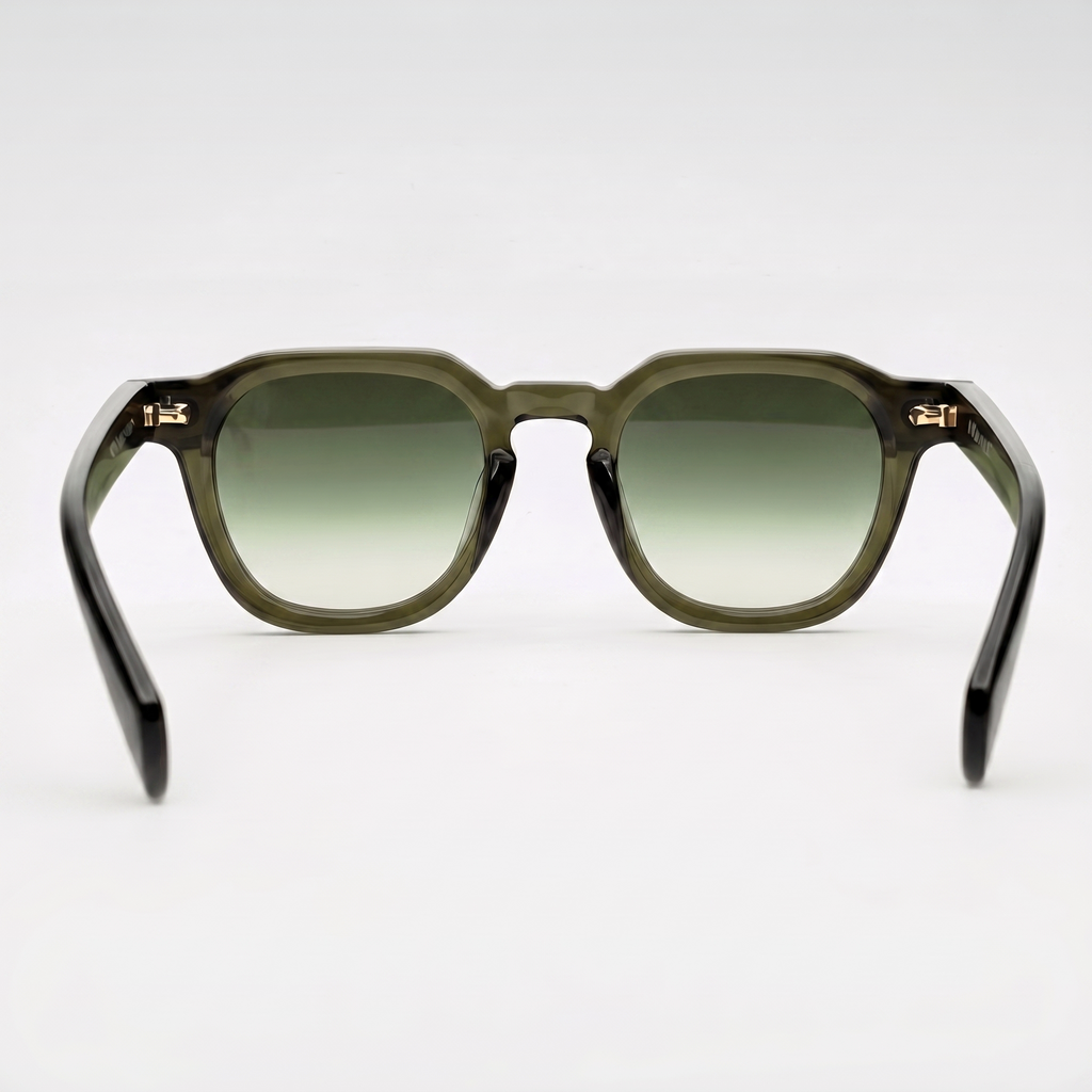 Wayfarer Olive Fjord — Rückansicht mit Blick durch die grün verlaufenden Gläser